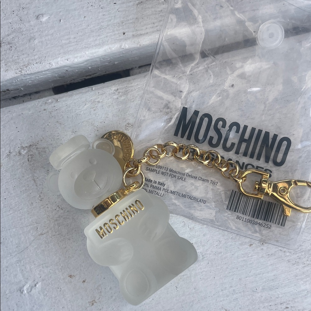 Moschino Frosted White Teddy Bear Charm Key Holder with Gold Chain